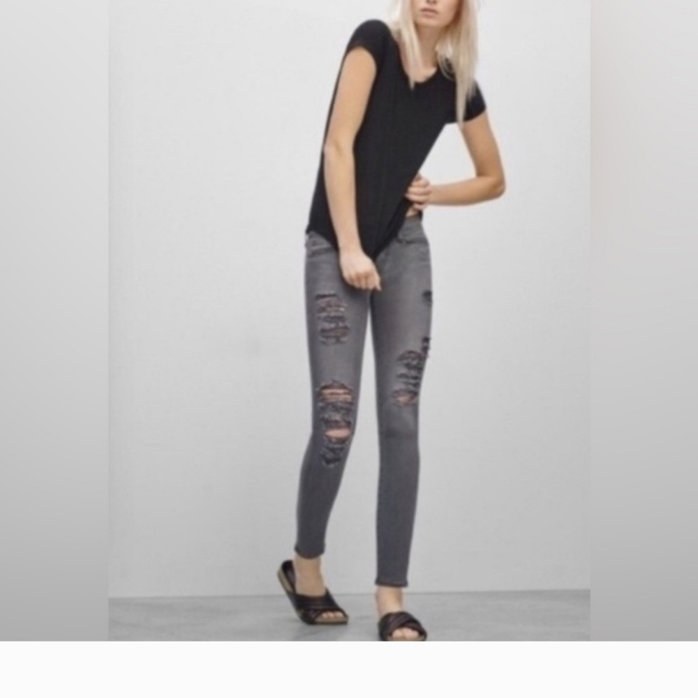 Black Tee and Distressed Gray Jeans